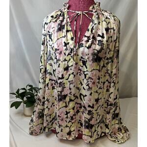 H&M Flowy Watercolor Blouse‎ Floral Neck Tie-Around Size Small